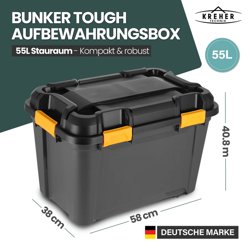 Wasserdichte Aufbewahrungsbox 'Bunker' 55 Liter mit Deckel - IP67 (Set wählbar)