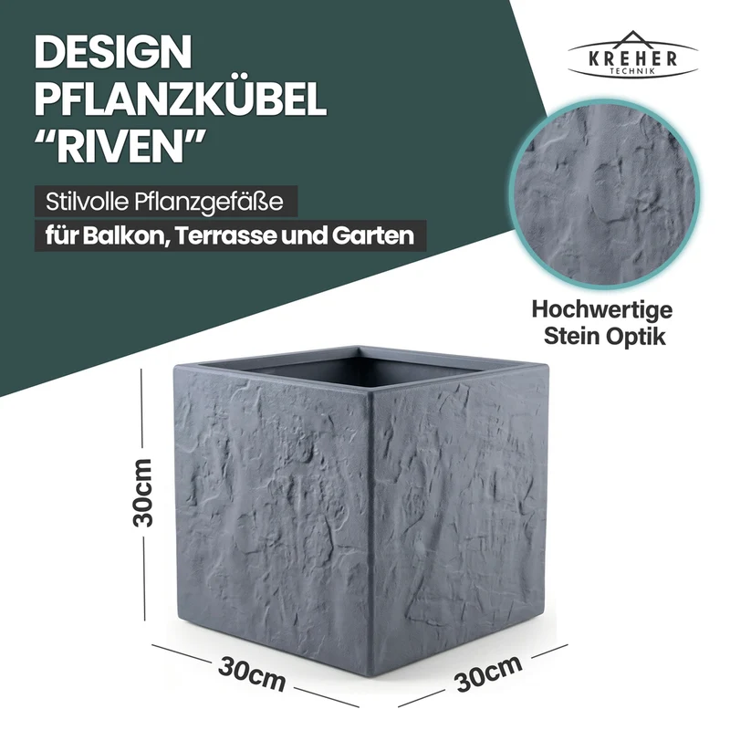 2 x Pflanzkübel 'Riven' in Anthrazit - Blumentopf aus Kunststoff - Steinoptik - 30x30x30 cm