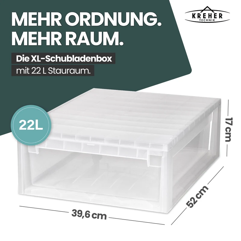 Set: 2 x Schubladenbox 52 Größe XL, 22 Liter - extra tief und halbhoch (weiss, transparent)