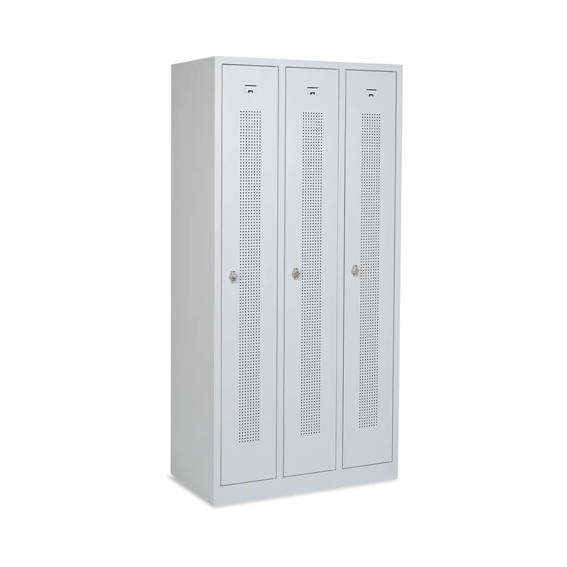 Design-Umkleidespind mit Lochreihen (3-Abteile) 870 mm Breite – Lichtgrau