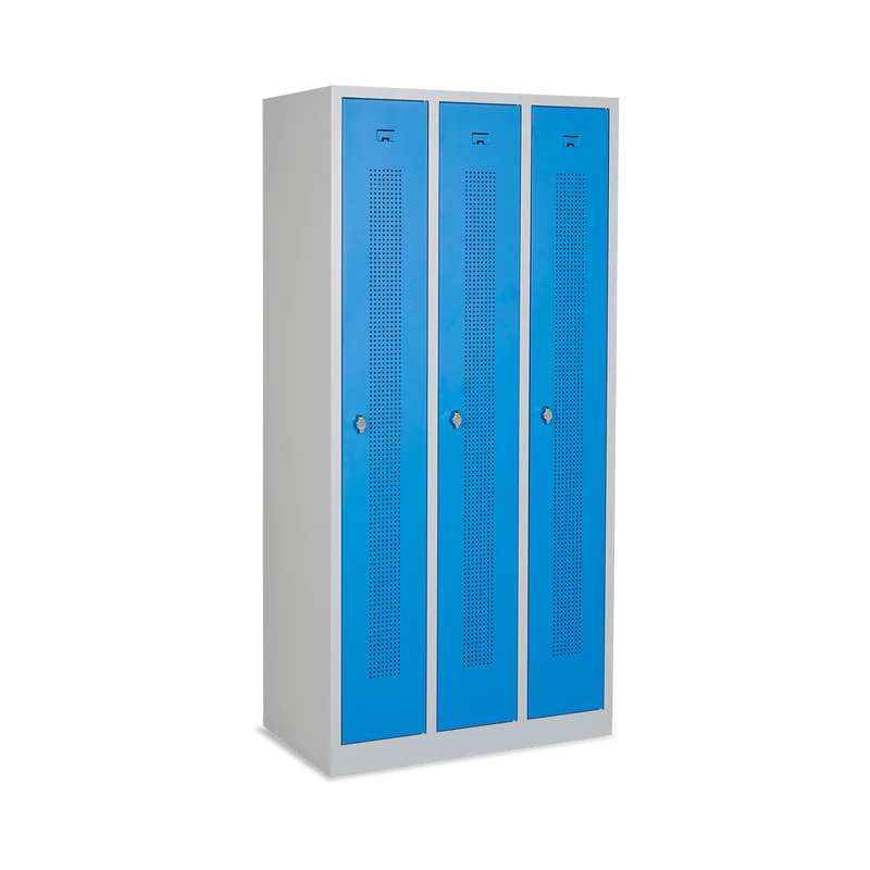 Design-Umkleidespind mit Lochreihen (3-Abteile) 870 mm Breite – Lichtgrau
