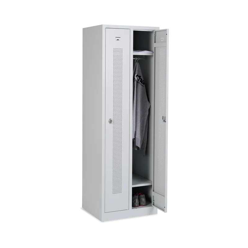Design-Umkleidespind mit Lochreihen (2-Abteile) 590 mm Breite – Lichtgrau