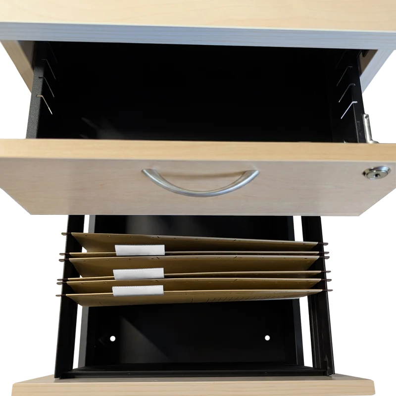 Rollcontainer aus Holz mit Schubladen