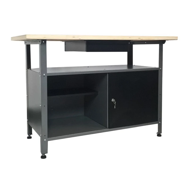 XL Werkbank aus Metall mit 1 Tür in Schwarz und XXL Lochwand inkl. Hakenset 52tlg.