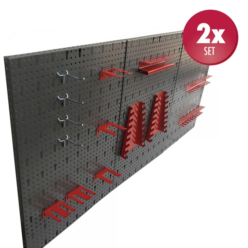 2 x Werkzeuglochwand aus Metall mit 14tlg. Hakenset, 120 x 60 cm