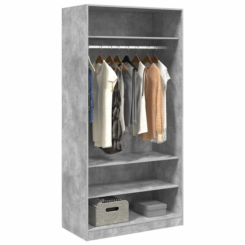 Offener Kleiderschrank mit Fächern und Kleiderstange