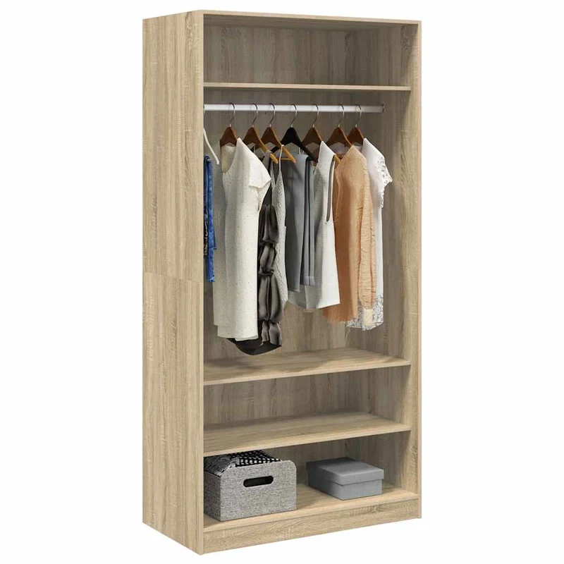 Offener Kleiderschrank mit Fächern und Kleiderstange