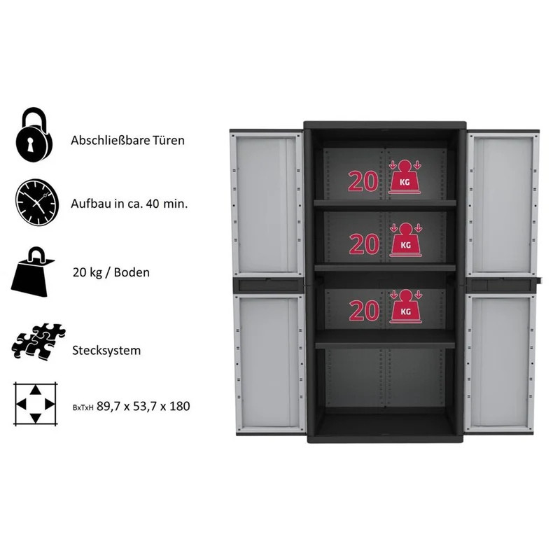 Set: 2 x Kreher - Jumbo-Schrank mit 3 Böden (schwarz, grau)