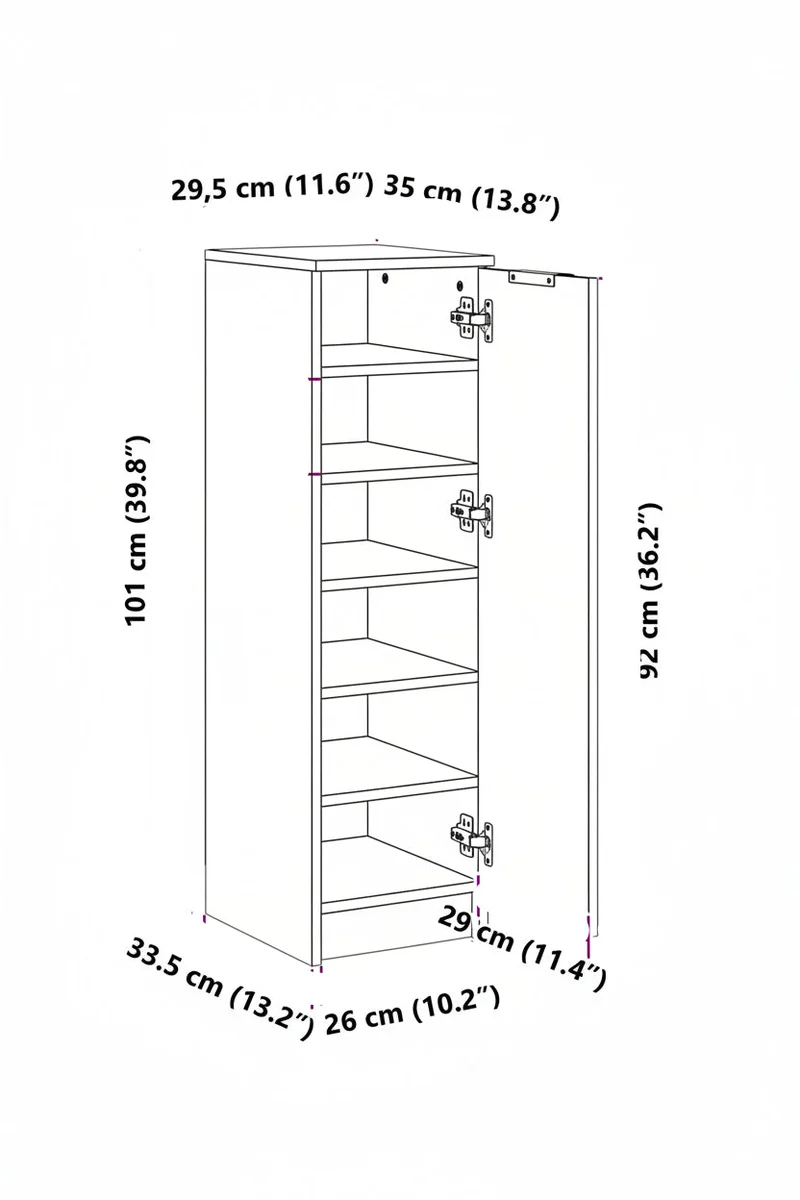 Schlanker Schuhschrank mit 6 Fächern, 30 x 100 cm