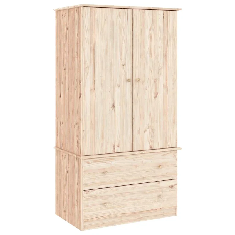 Kleiderschrank aus massivem Kiefernholz, 2-türig mit Schubladen