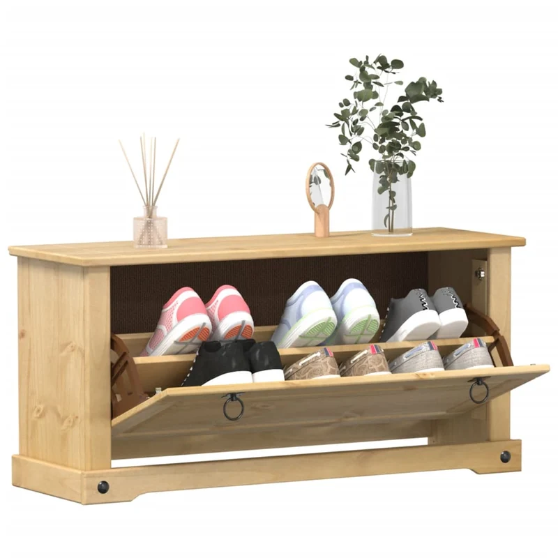 Schuhschrank aus massivem Kieferholz, mit Metallgriffen