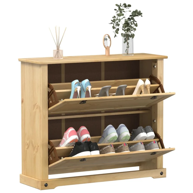 Schuhschrank aus massivem Kieferholz, mit Metallgriffen