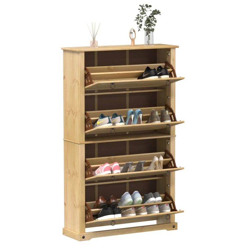 Schuhschrank aus massivem Kieferholz, mit Metallgriffen