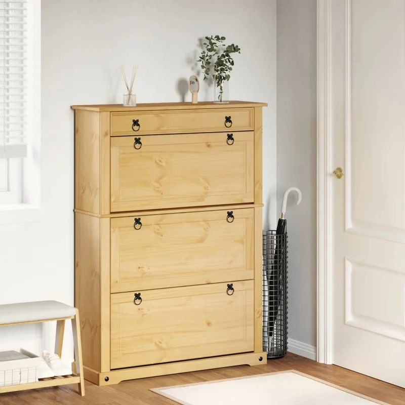 Schuhschrank aus massivem Kieferholz, mit Metallgriffen
