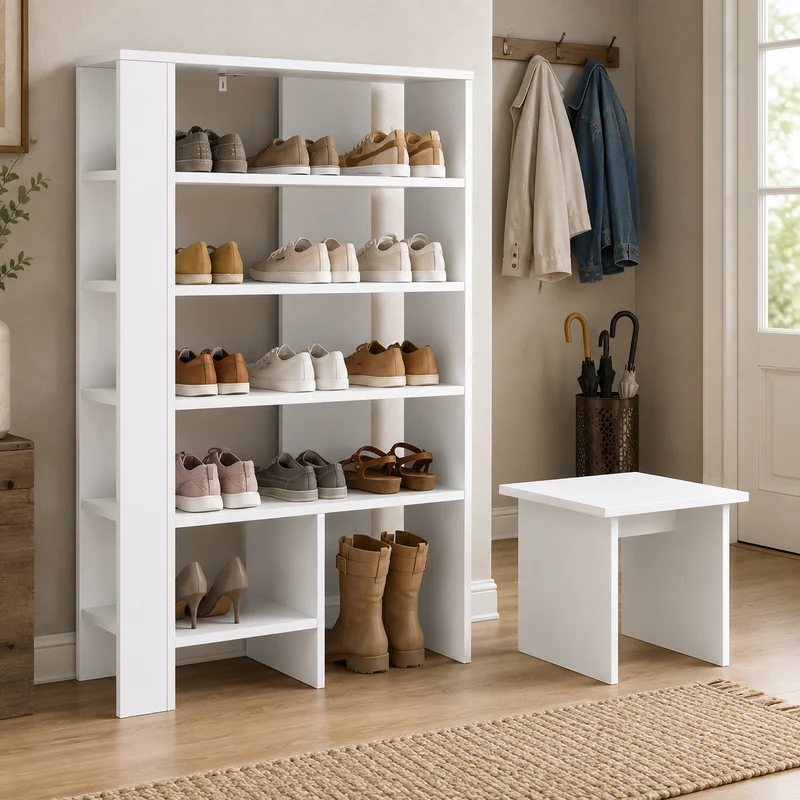 Schuhschrank mit Regal & Hocker, Holzwerkstoff