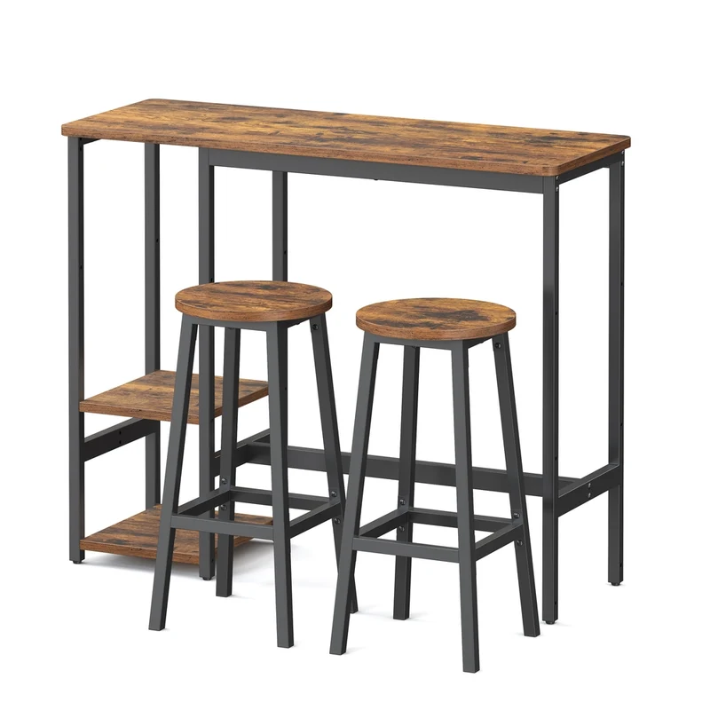 Bartisch Set mit Barhockern und praktischem Aufbewahrungsregal