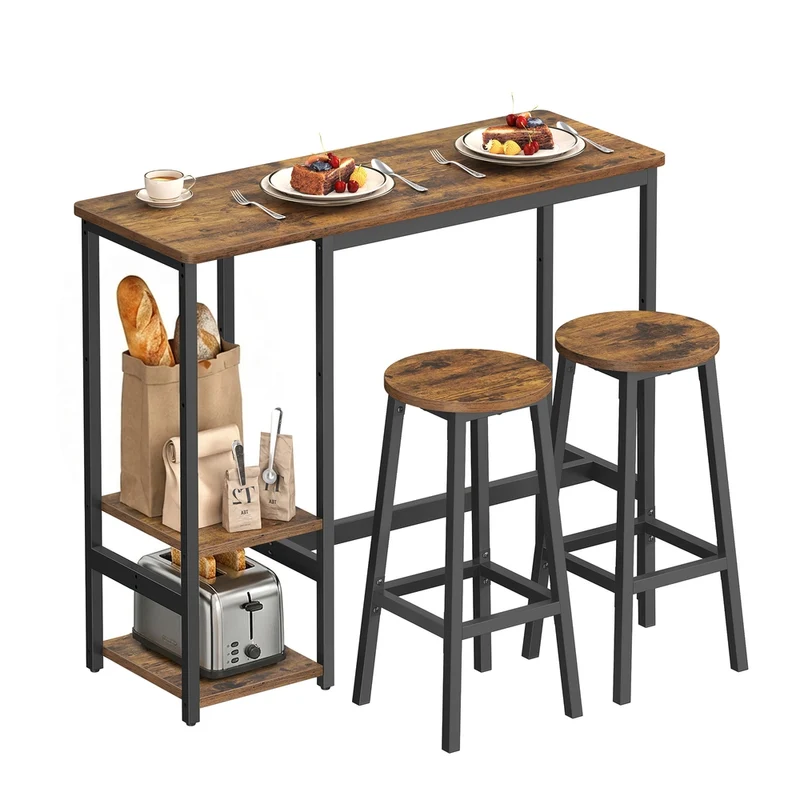 Bartisch Set mit Barhockern und praktischem Aufbewahrungsregal