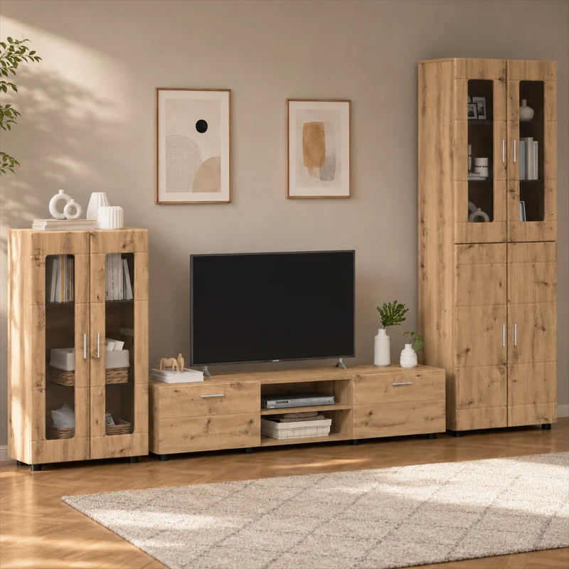 Komplettset TV-Wand mit Vitrinenschränken 3-teilig