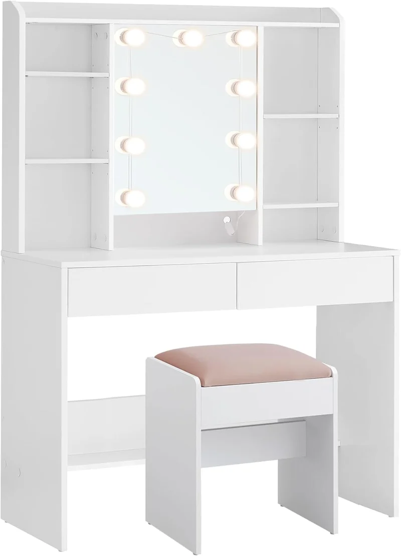 VASAGLE Schminktisch mit Beleuchtung, einstellbare Helligkeit, Hocker, Frisiertisch mit Spiegel, Kosmetiktisch mit verstellbaren Ablagen, 2 Schubladen, modern, wolkenweiß und pastellrosa