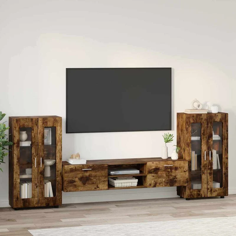 TV-Lowboard mit 2 Vitrinenschränken 3-tlg