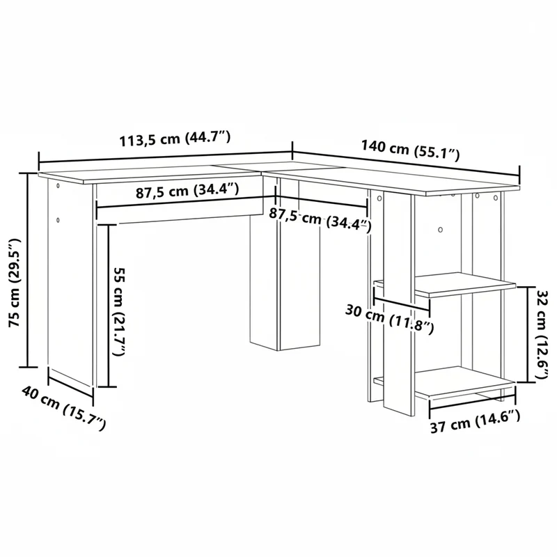 Eckschreibtisch mit Regal, variabel Montierbar - 113x140cm