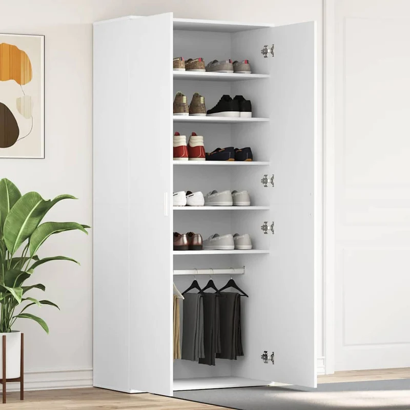 Hoher Schuhschrank mit 5 Ablagen und Kleiderstange
