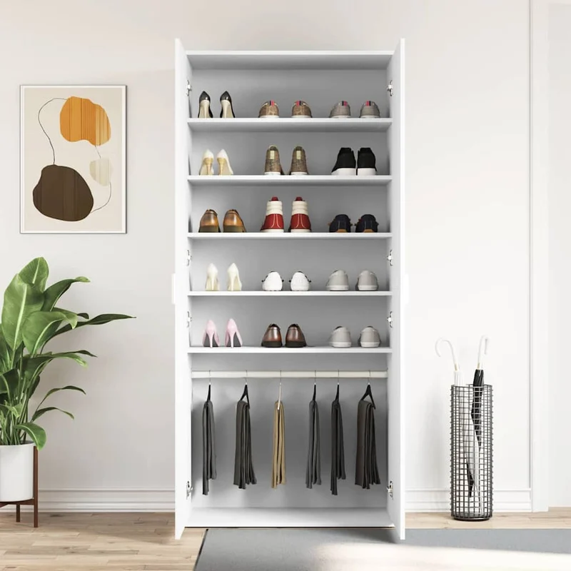 Hoher Schuhschrank mit 5 Ablagen und Kleiderstange