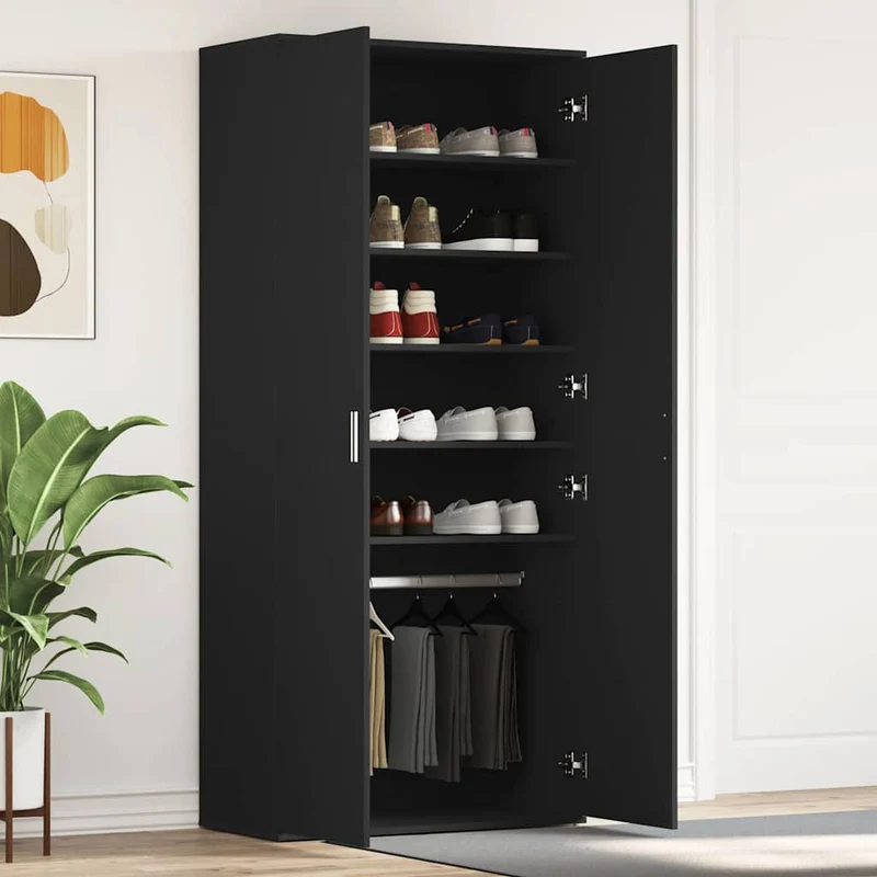 Hoher Schuhschrank mit 5 Ablagen und Kleiderstange