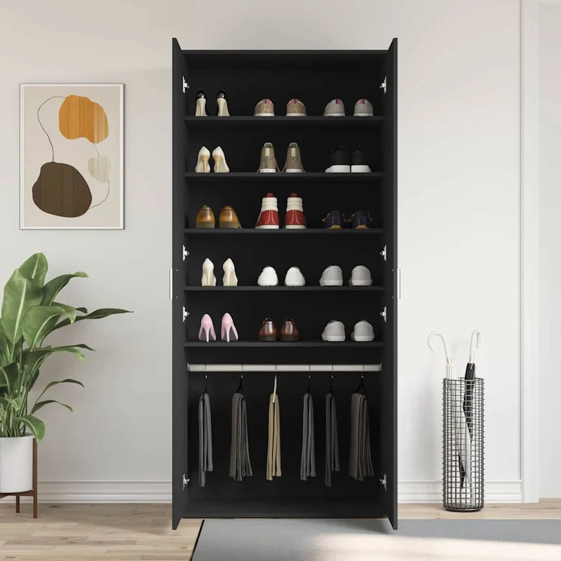 Hoher Schuhschrank mit 5 Ablagen und Kleiderstange