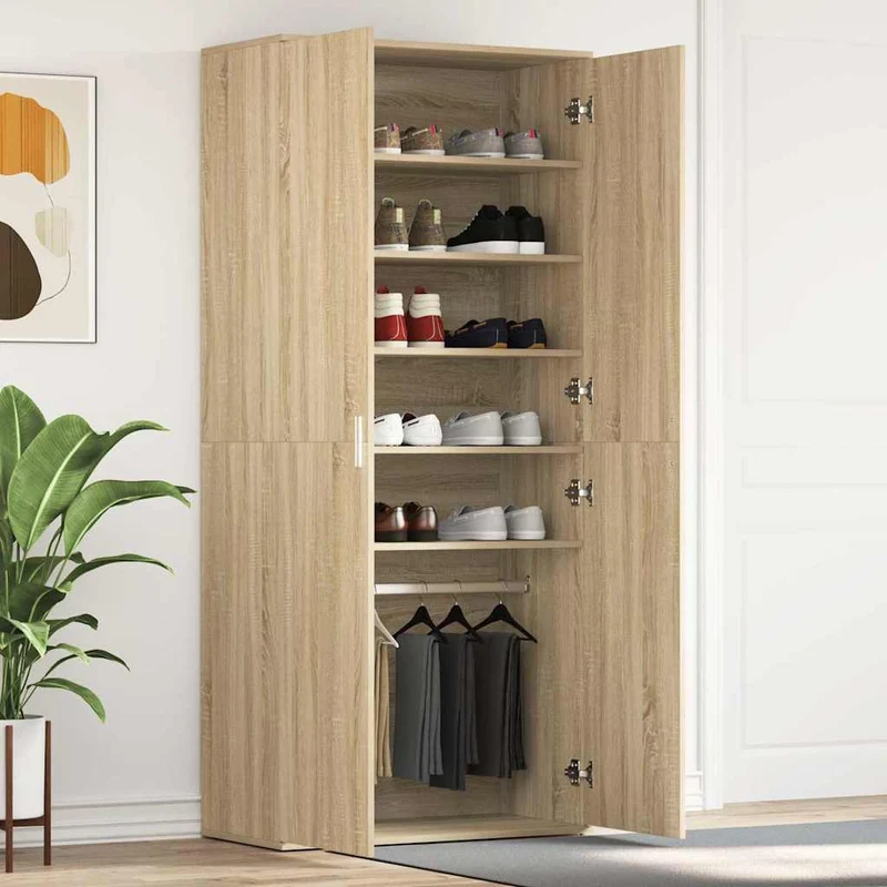 Hoher Schuhschrank mit 5 Ablagen und Kleiderstange