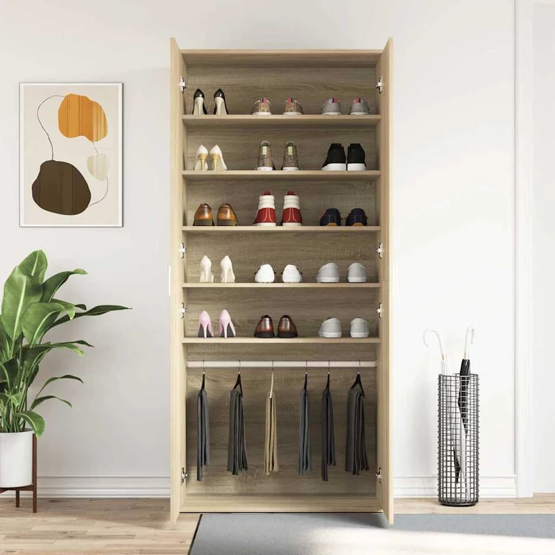 Hoher Schuhschrank mit 5 Ablagen und Kleiderstange