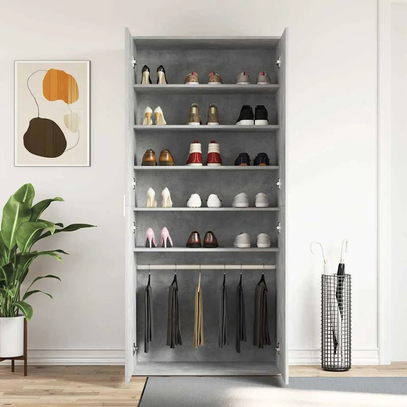 Hoher Schuhschrank mit 5 Ablagen und Kleiderstange