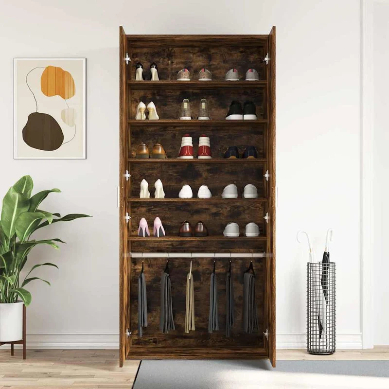Hoher Schuhschrank mit 5 Ablagen und Kleiderstange