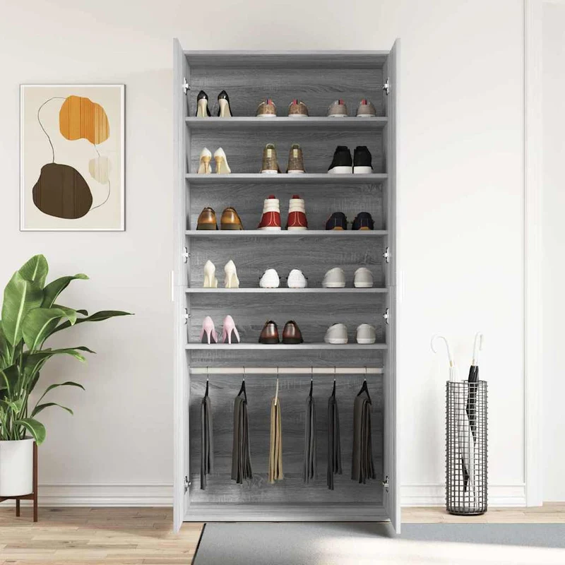 Hoher Schuhschrank mit 5 Ablagen und Kleiderstange