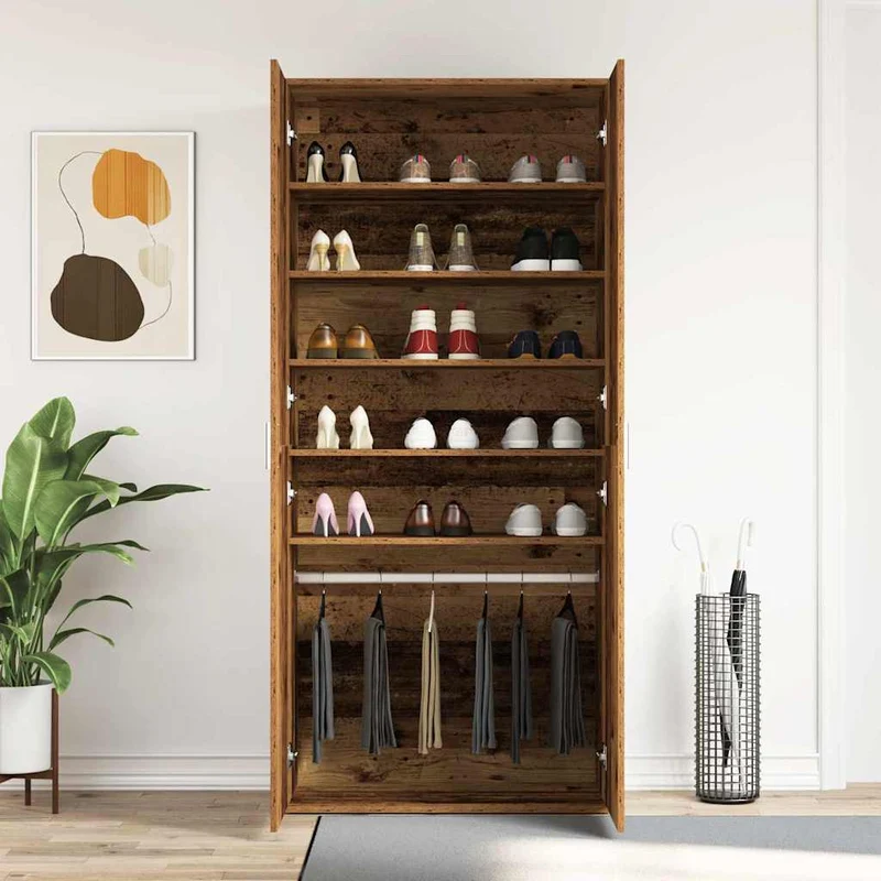 Hoher Schuhschrank mit 5 Ablagen und Kleiderstange
