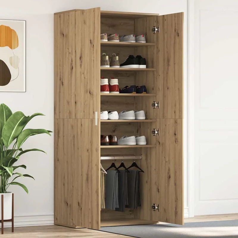 Hoher Schuhschrank mit 5 Ablagen und Kleiderstange