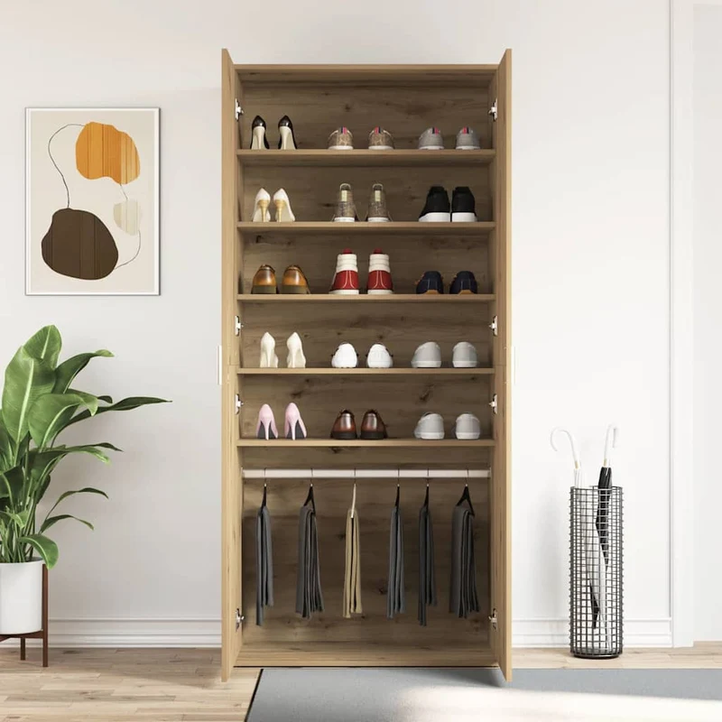 Hoher Schuhschrank mit 5 Ablagen und Kleiderstange