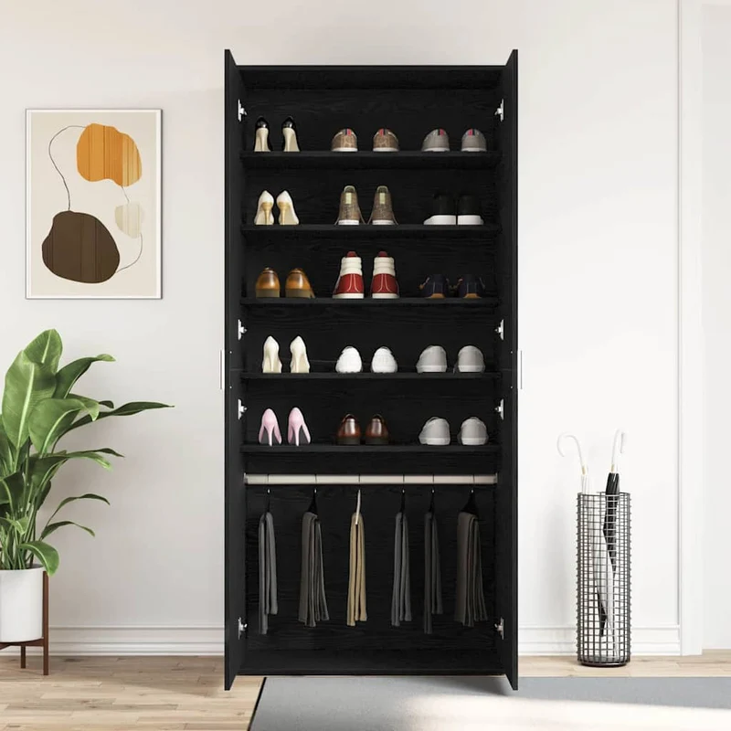 Hoher Schuhschrank mit 5 Ablagen und Kleiderstange