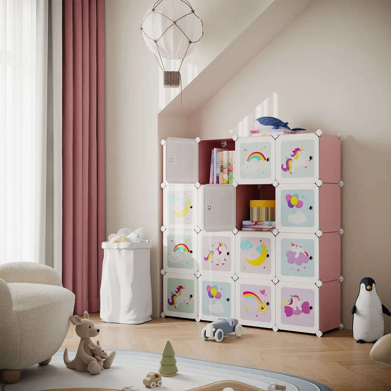Regalsystem aus Kunststoff mit 16 Würfeln und Türen für Kinder