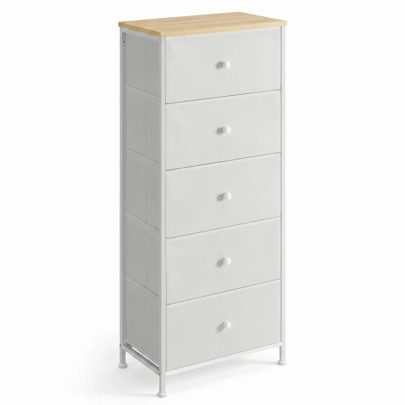 Kommode mit 5 Stoff-Schubladen schmal taubengrau-cremeweiß
