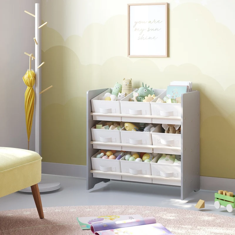 Kinderregal mit 9 Aufbewahrungsboxen aus Vliesstoff