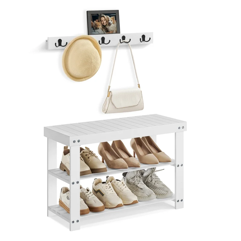 Schuhbank Wandgarderobe Set aus Bambus naturbeige