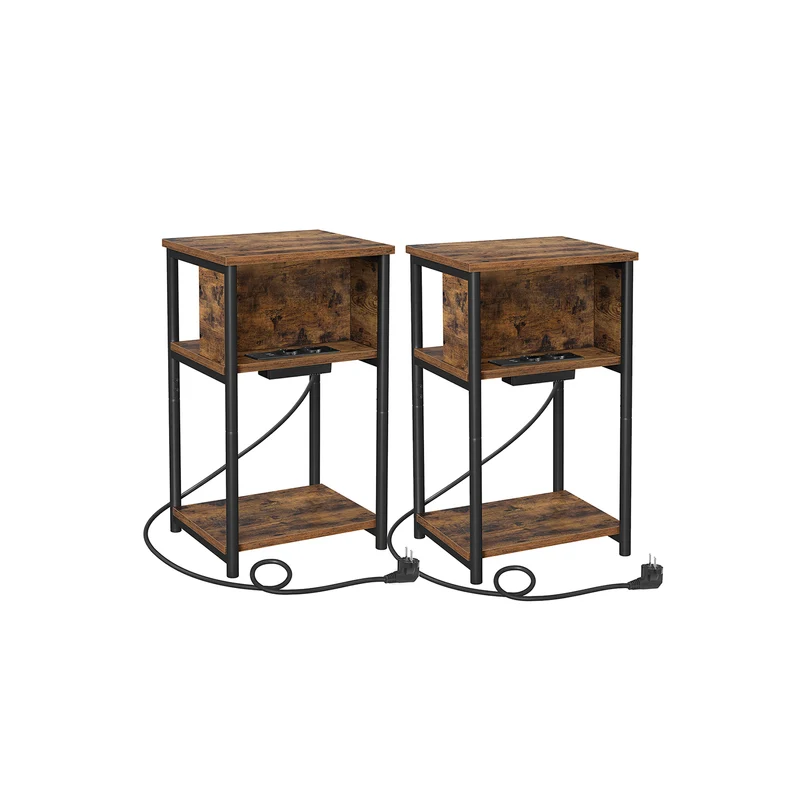 Nachttisch mit Steckdosen schmal vintagebraun-schwarz