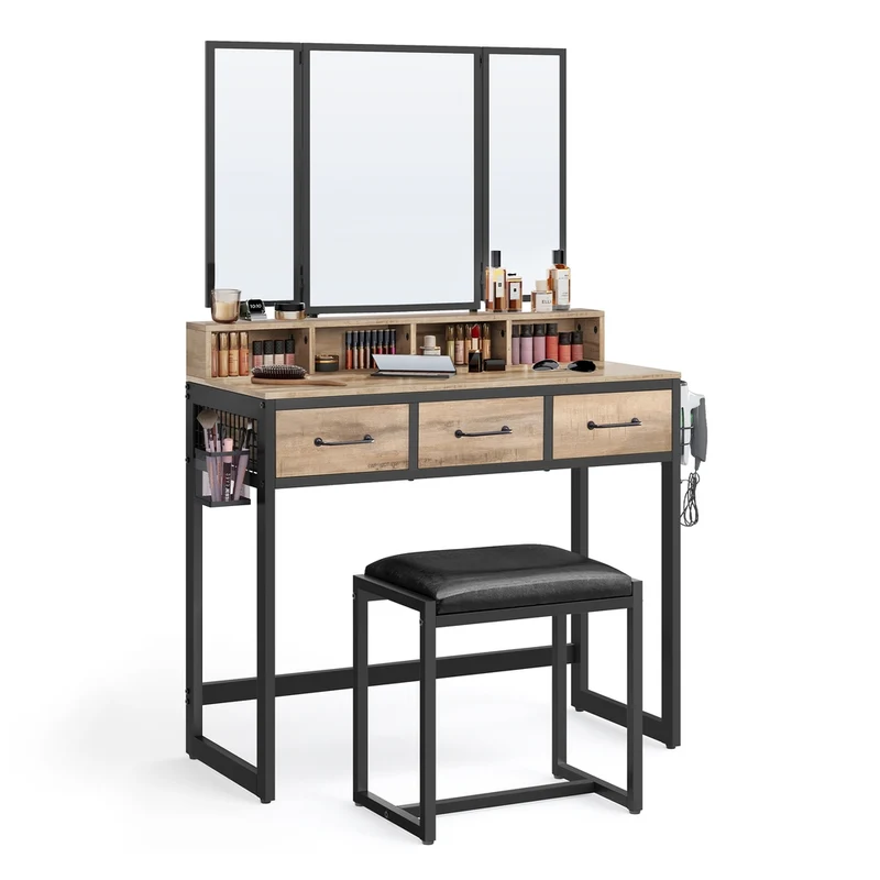 Schminktisch mit Hocker und dreifach klappbarem Spiegel