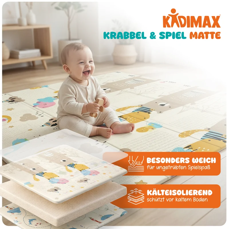 Kidimax® Krabbelmatte 180x200 cm Spielmatte Baby Faltbar wendbar Kindermatte