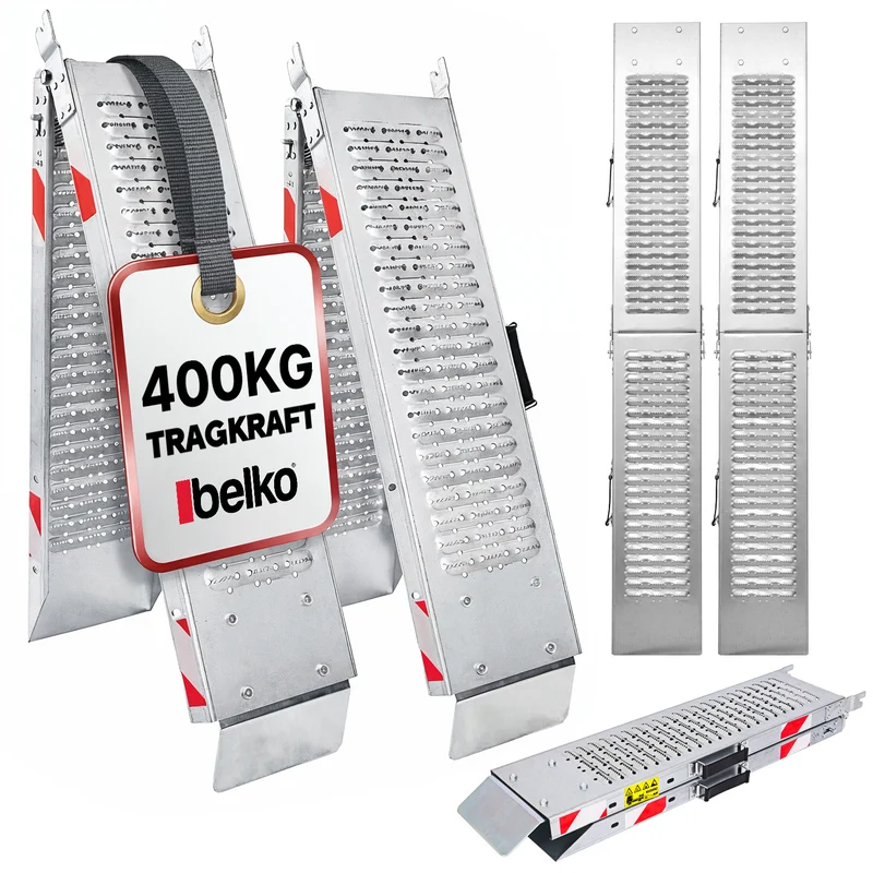 Belko® 2X Auffahrrampe 400kg Tragkraft | Verzinkter Stahl | Rutschfest perforiert | 23cm Breite | Klappbar / Nicht klappbar | PKW Motorrad Quad ATV Anhänger
