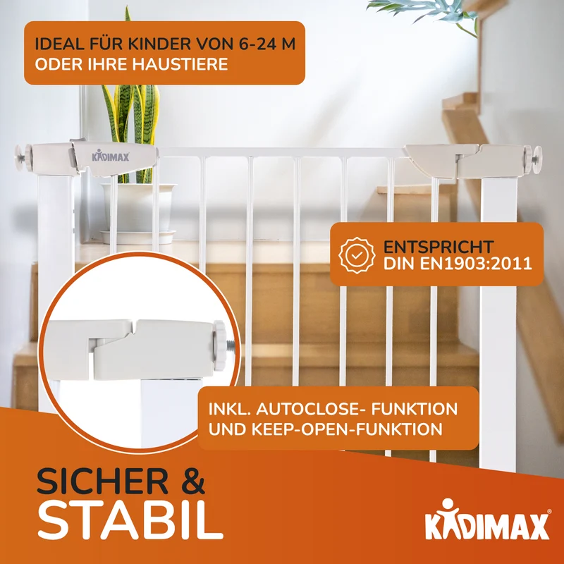 Kidimax® Treppenschutzgitter 77-82 cm, ohne Bohren, Türschutzgitter für Kinder, Hunde und Katzen, mit Auto-Close & Keep-Open Funktion, Treppengitter weiß