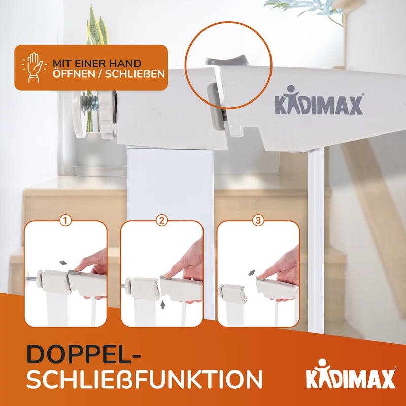 Kidimax® Treppenschutzgitter 77-82 cm, ohne Bohren, Türschutzgitter für Kinder, Hunde und Katzen, mit Auto-Close & Keep-Open Funktion, Treppengitter weiß