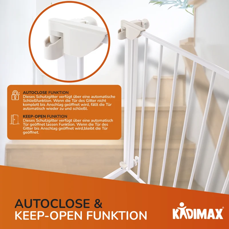 Kidimax® Treppenschutzgitter 77-82 cm, ohne Bohren, Türschutzgitter für Kinder, Hunde und Katzen, mit Auto-Close & Keep-Open Funktion, Treppengitter weiß