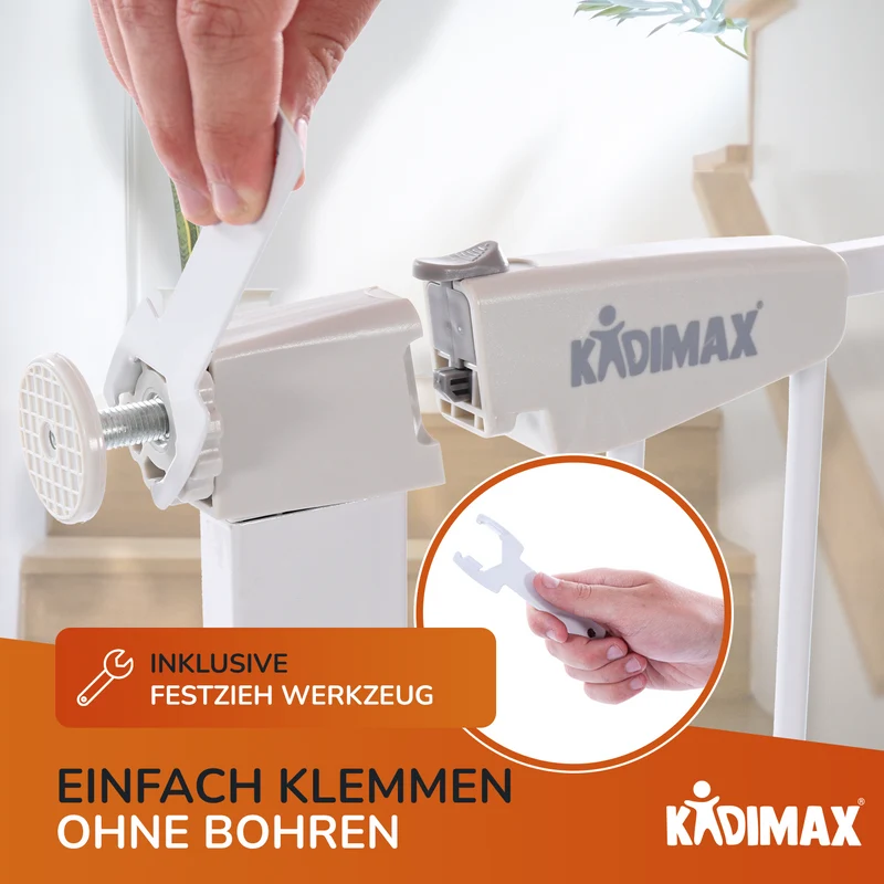 Kidimax® Treppenschutzgitter 77-82 cm, ohne Bohren, Türschutzgitter für Kinder, Hunde und Katzen, mit Auto-Close & Keep-Open Funktion, Treppengitter weiß